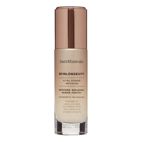 bareMinerals Skinlongevity serum in glass bottle with rose-gold cap