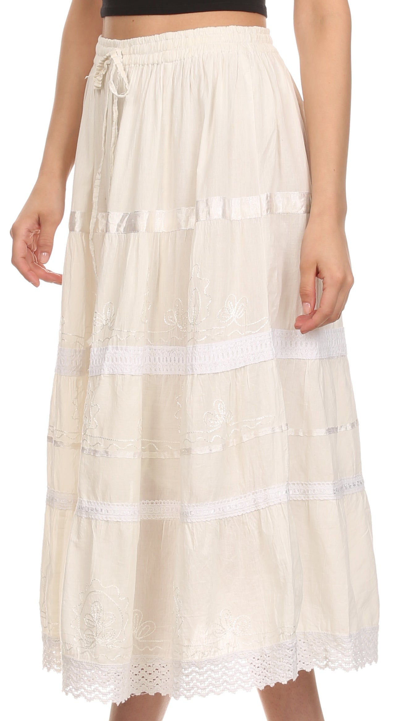 Sakkas Solid Embroidered Gypsy / Bohemian Full / Maxi / Long Cotton Skirt