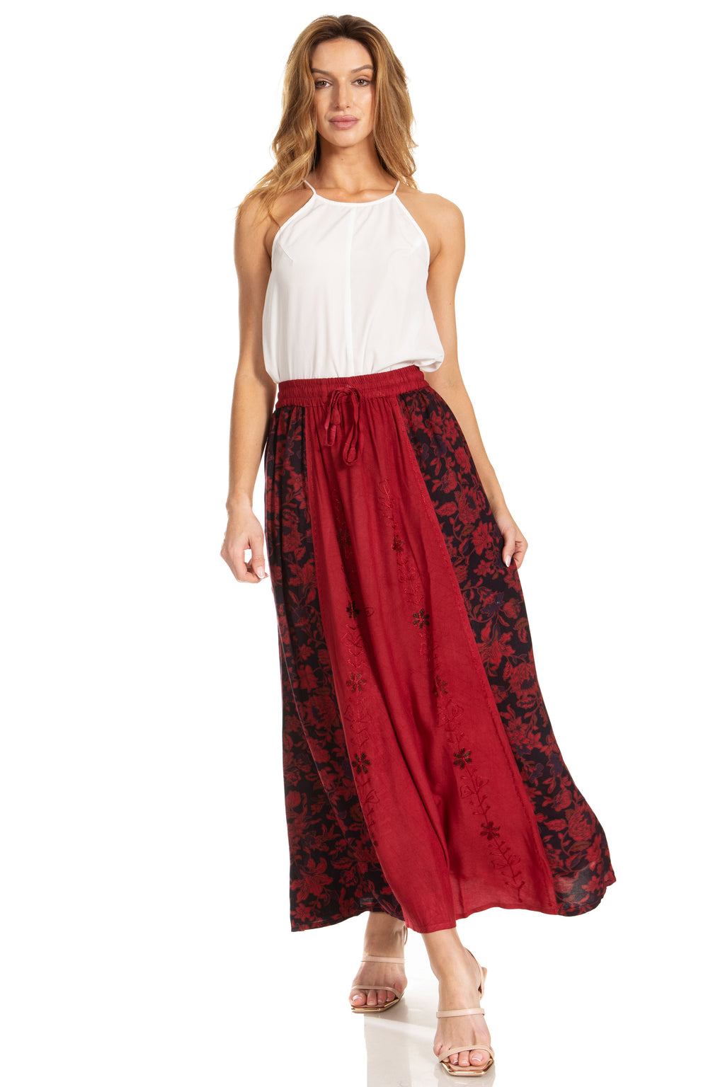 Sakkas Maran Women's Boho Embroidery Skirt with Lace Elastic Waist and Pockets