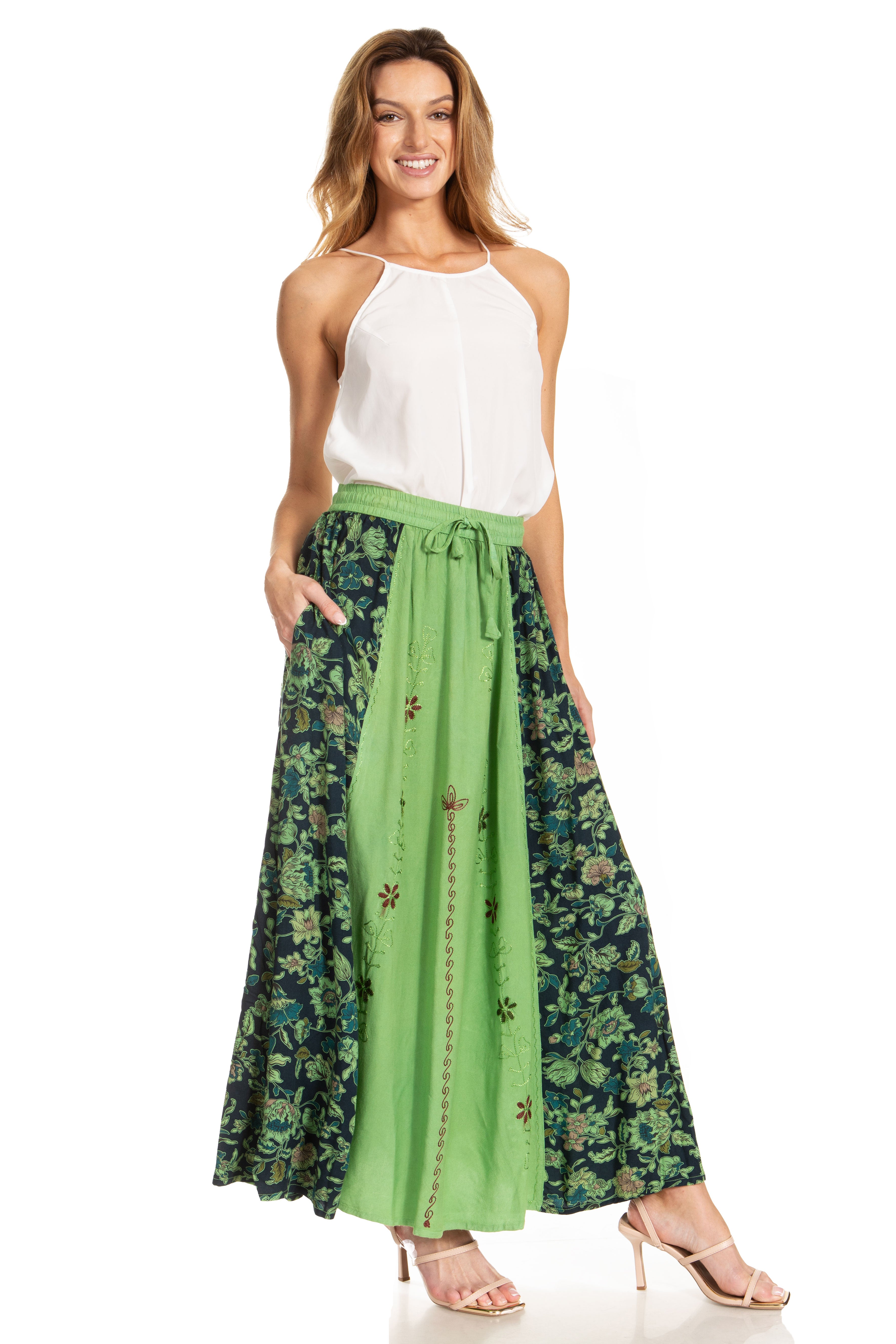 Sakkas Maran Women's Boho Embroidery Skirt with Lace Elastic Waist and Pockets