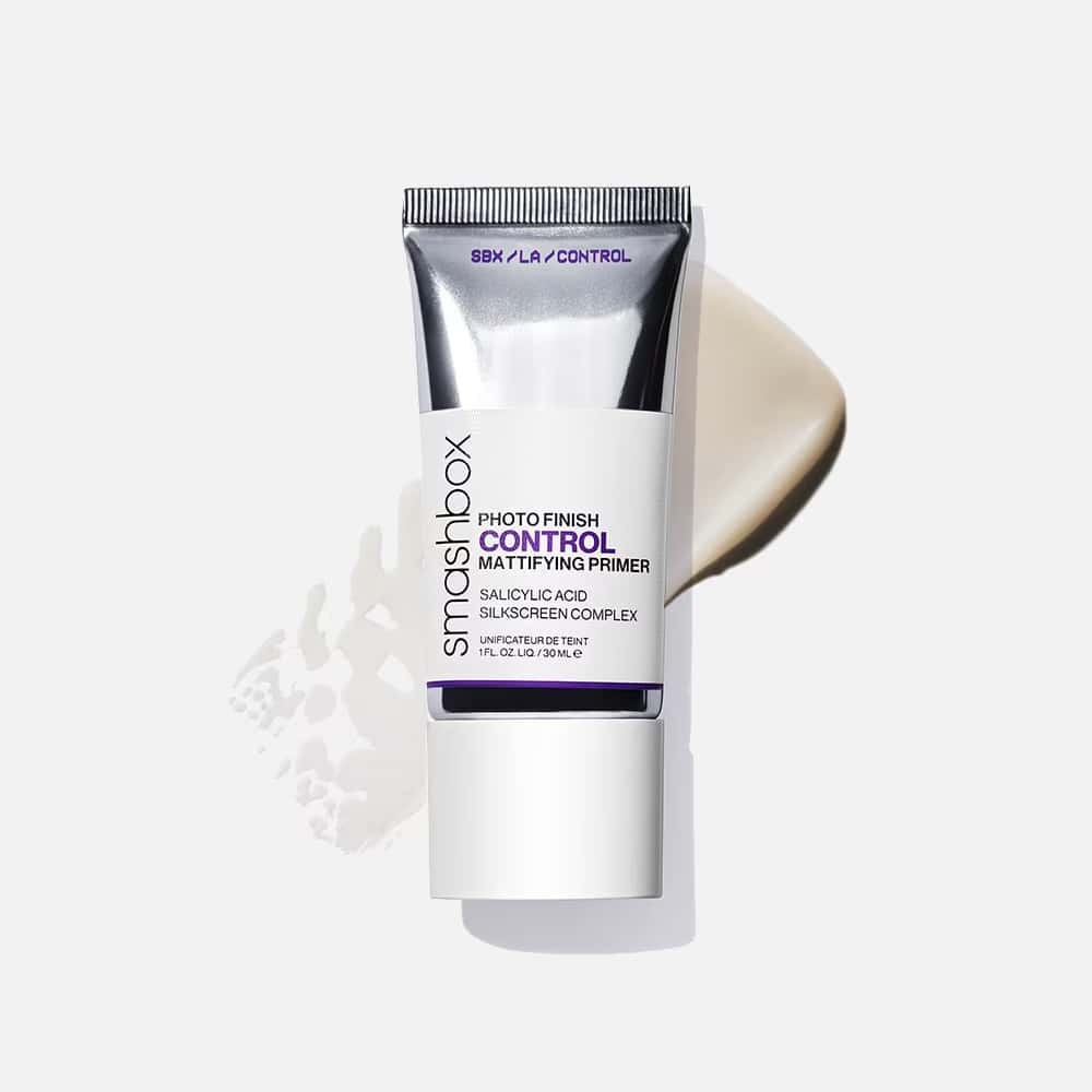 Matte face primer tube with salicylic acid label, white and purple cap