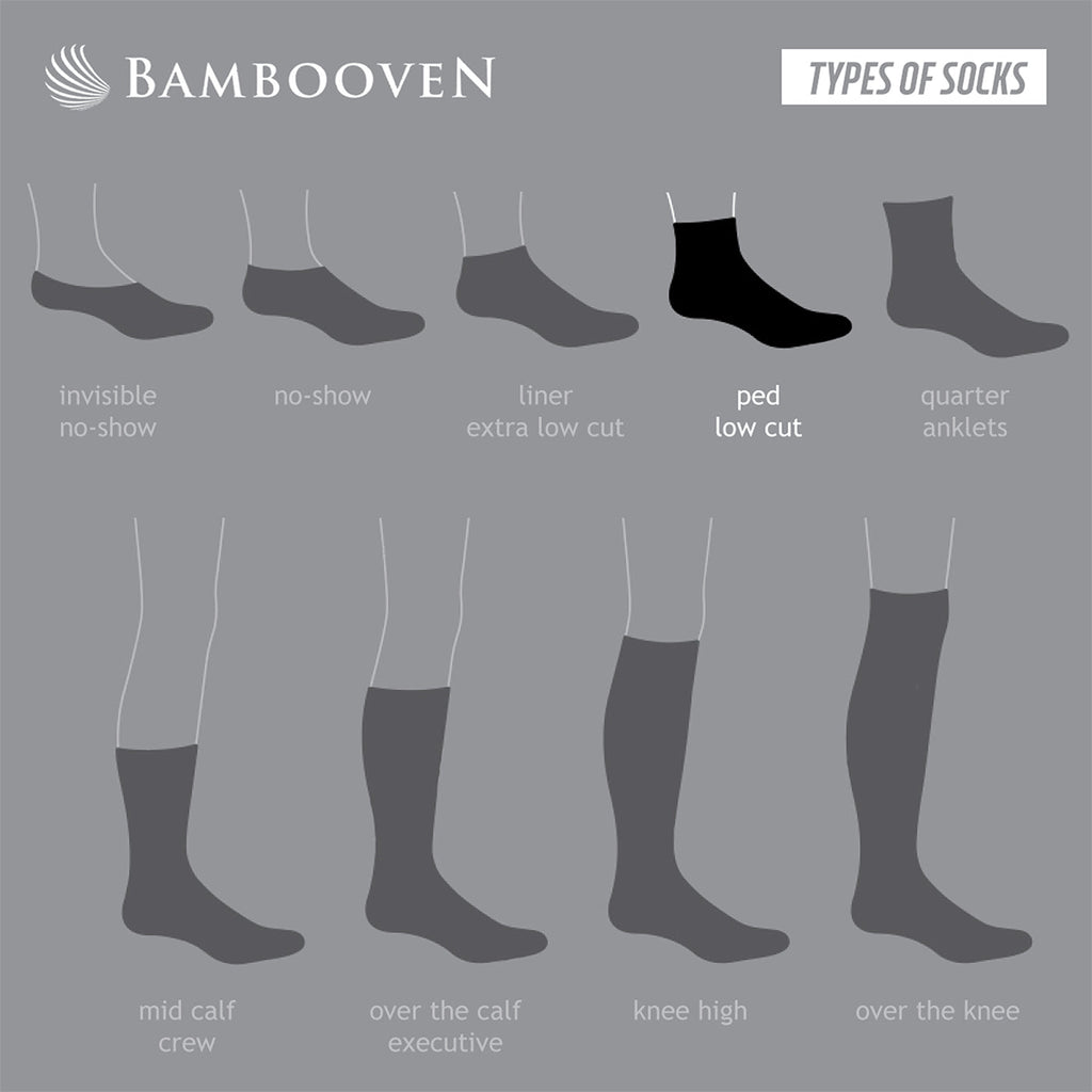 Bambooven types of socks chart, showing styles from no-show to over-the-knee.