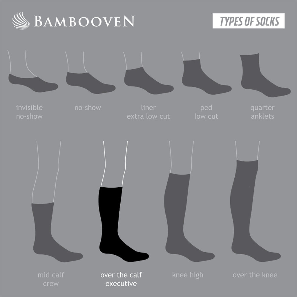 Sock styles diagram for bamboo socks: no-show, liner, quarter, crew, knee-high