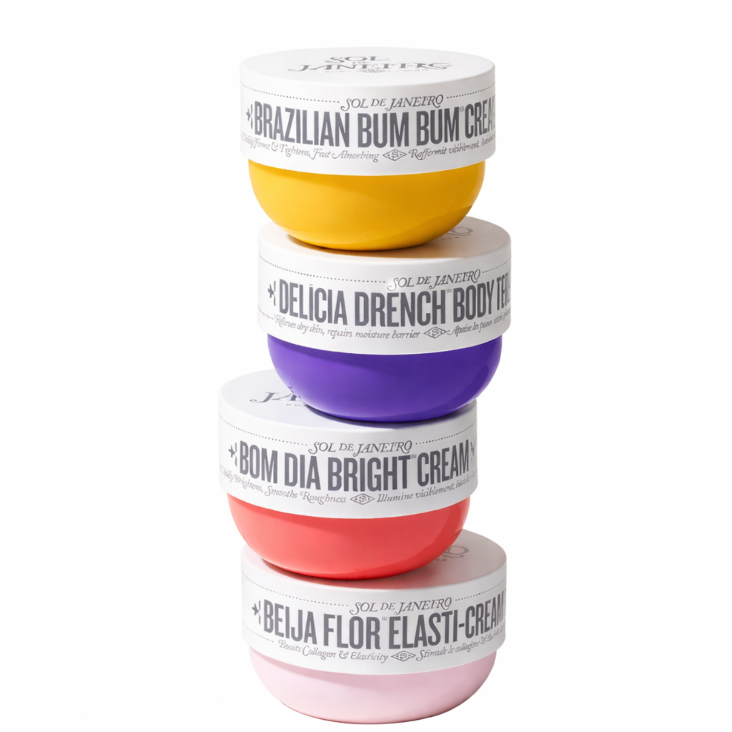 Body cream set with four colored tubs: yellow, purple, red, and pink.