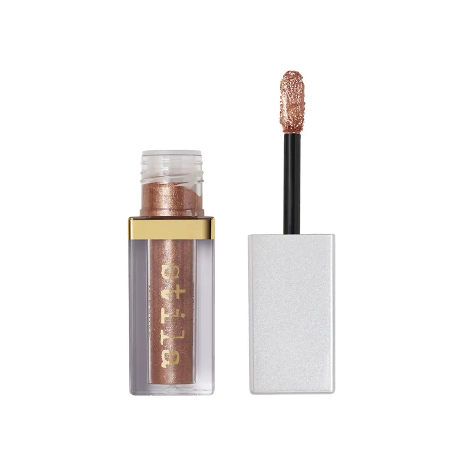 Liquid glitter eye shadow with copper shimmer, applicator and clear container.