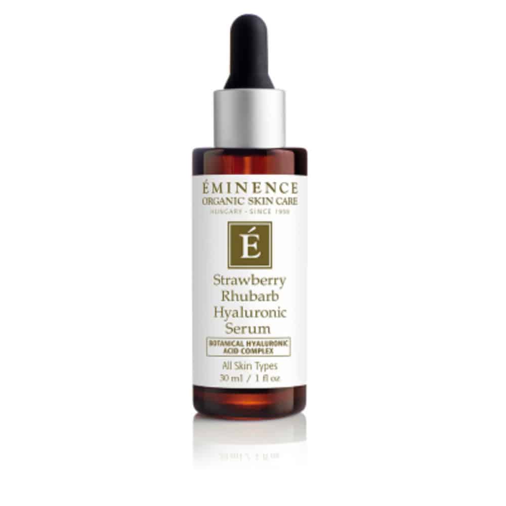 Hyaluronic serum bottle with dropper, EMINENCE Strawberry Rhubarb label