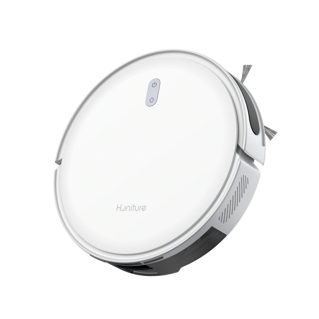 White Honiture T10 robot vacuum with top control button and side wheels.