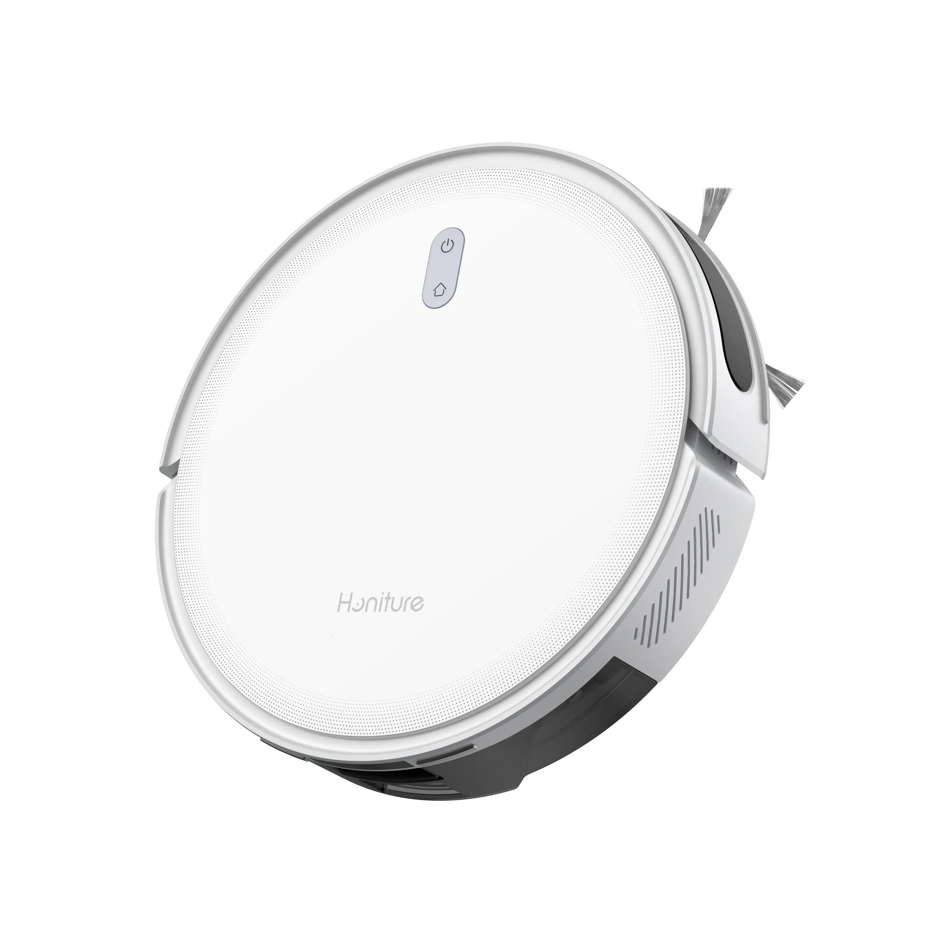 White Honiture T10 robot vacuum with top control button and side wheels.