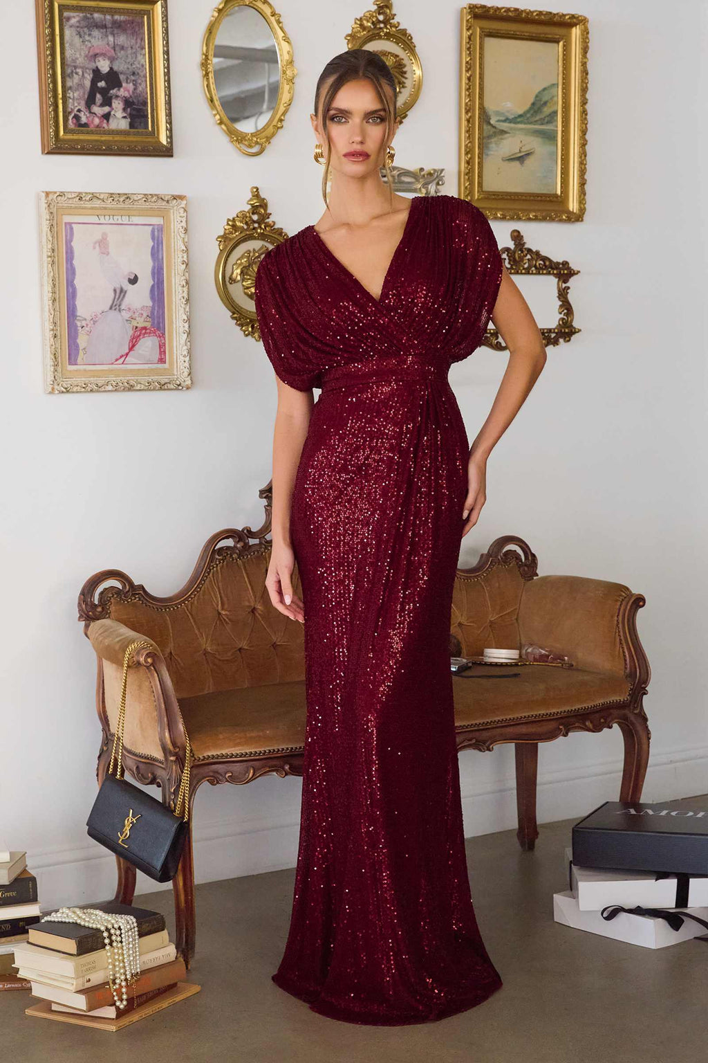 Burgundy sequin long gown with V-neckline and short sleeves, fitted bodycon shape