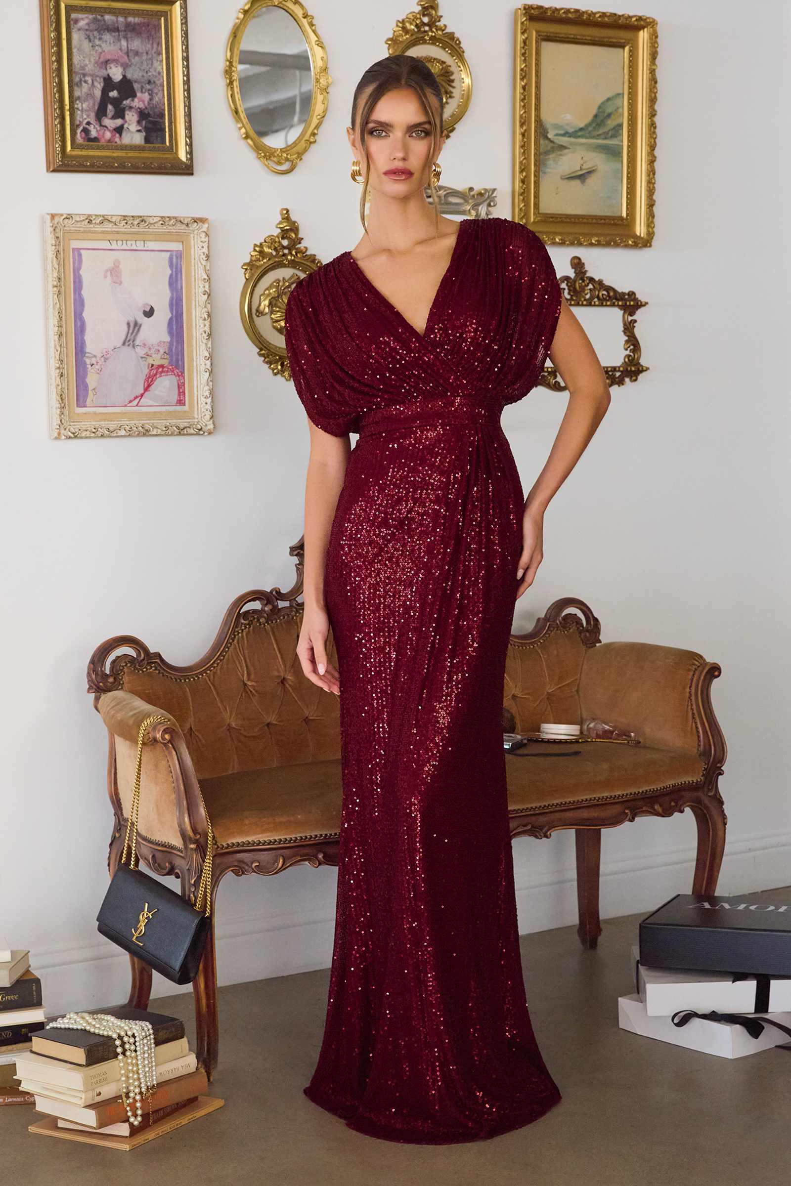 Burgundy sequin long gown with V-neckline and short sleeves, fitted bodycon shape