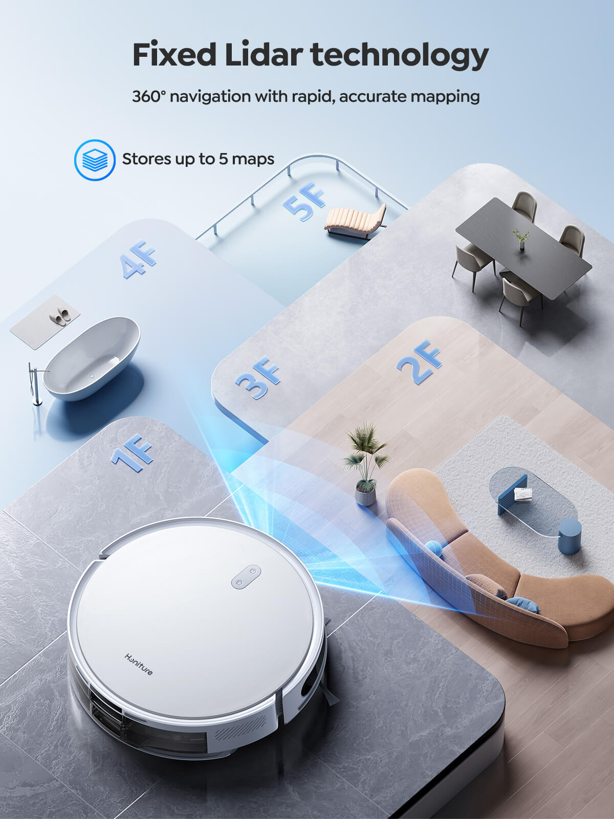 Robot vacuum with fixed lid and side brushes on a multi-room layout.