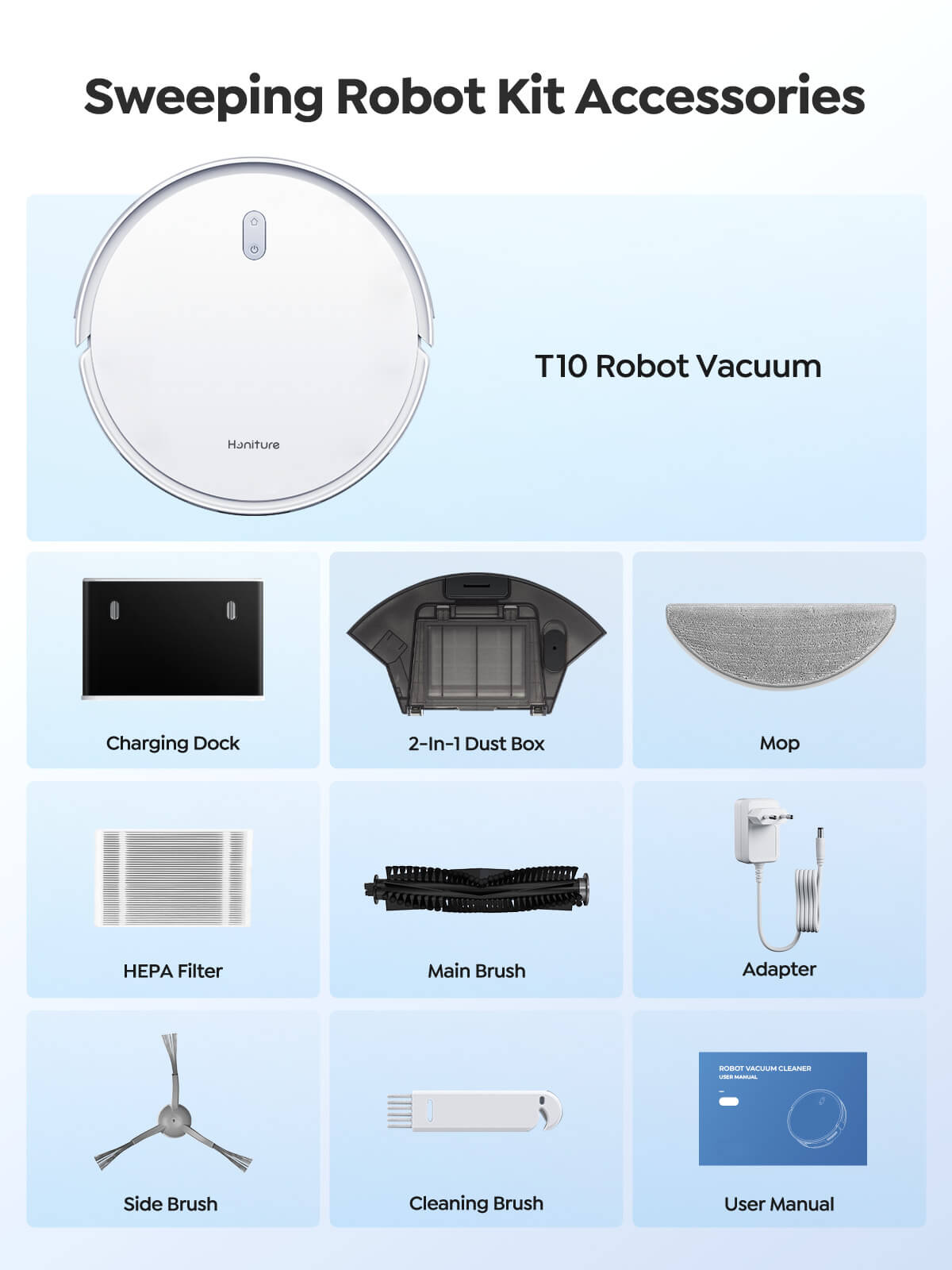 Honiture T10 robot vacuum accessory kit: charging dock, HEPA filter, brushes, mop pad.
