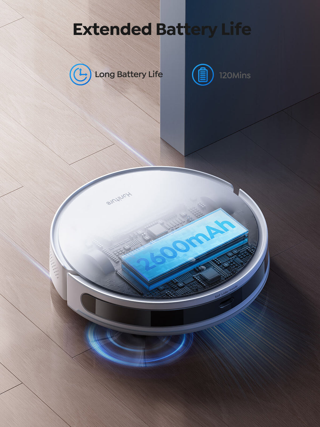 Robot vacuum on floor with blue battery pack graphic inside the top view.