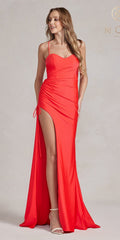 Red long sheath dress with high leg slit and spaghetti straps, front view
