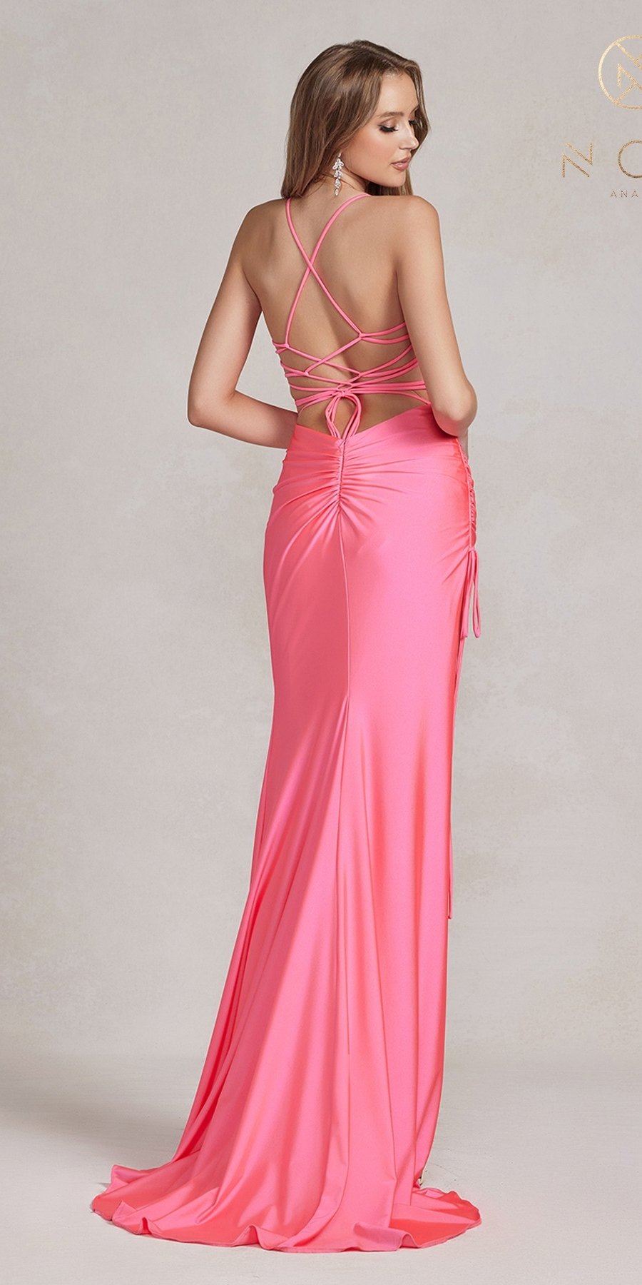 Pink long sheath dress with strappy open back and high leg slit, back view