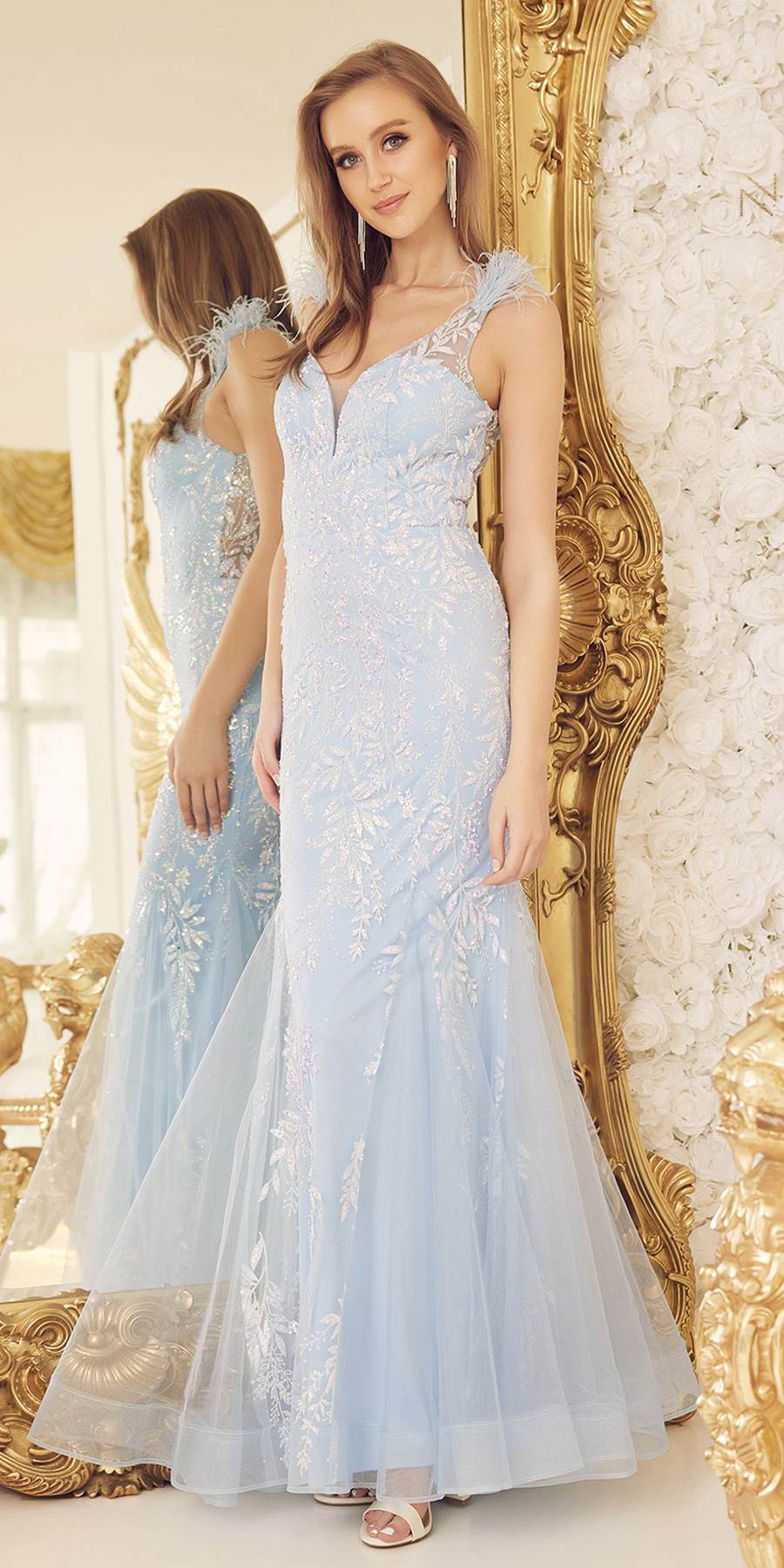 Light blue long mermaid gown with feather straps, V-neck and embroidered lace pattern