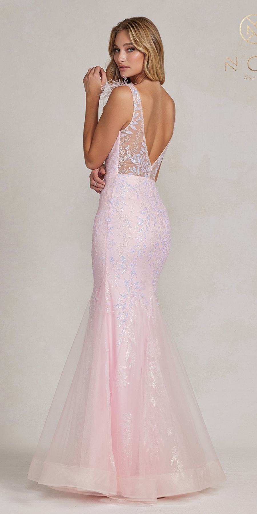 Pink long mermaid gown, V-back and feather straps with sparkly lace texture