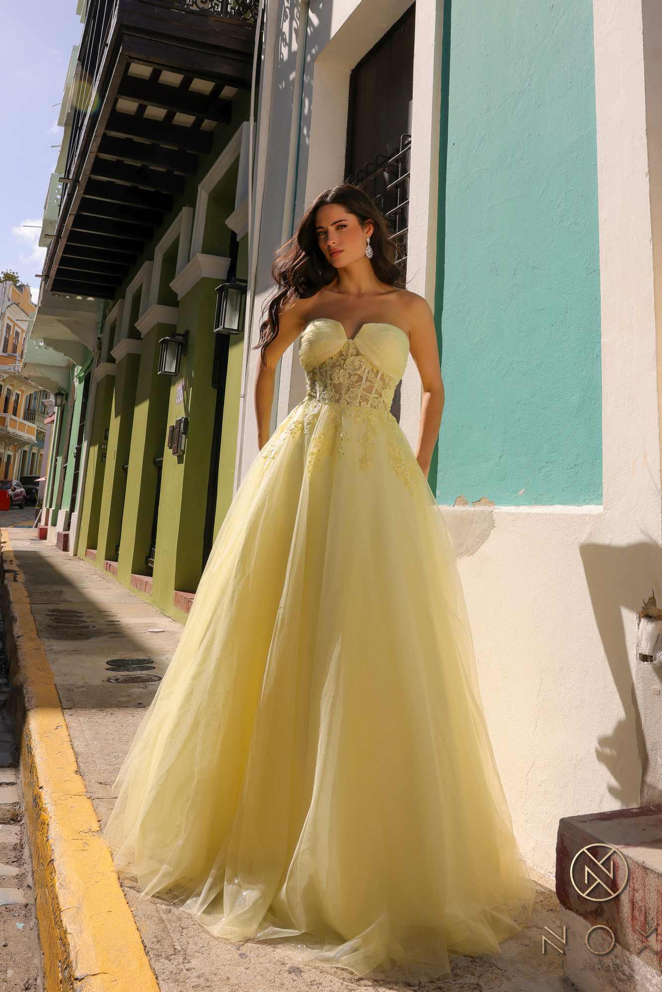 Strapless A-line tulle gown with glitter bodice, pale yellow, long full skirt