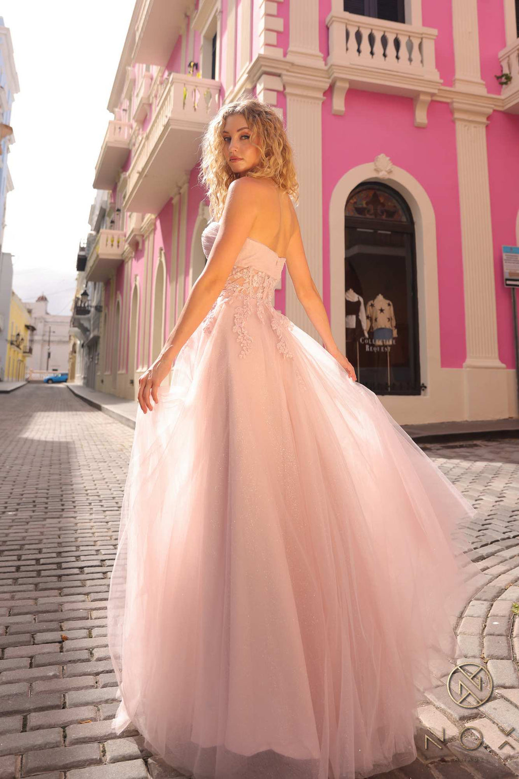 Strapless A-line tulle gown with lace bodice, blush pink, wide flowing hem