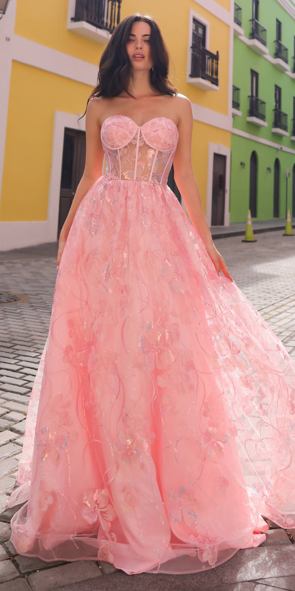Blush strapless A-line sequin floral dress with sweetheart bust and full skirt