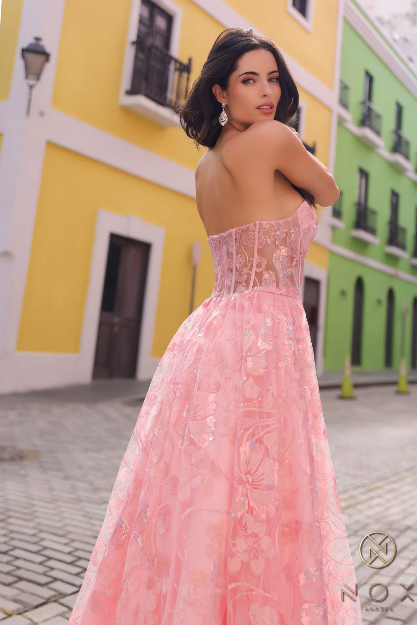 Blush strapless sequin floral A-line dress with embroidered bodice and full tulle skirt