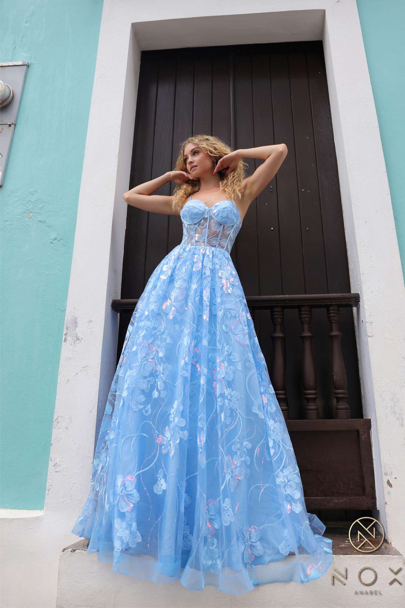 Dusty blue spaghetti-strap sequin floral A-line dress with full layered tulle skirt