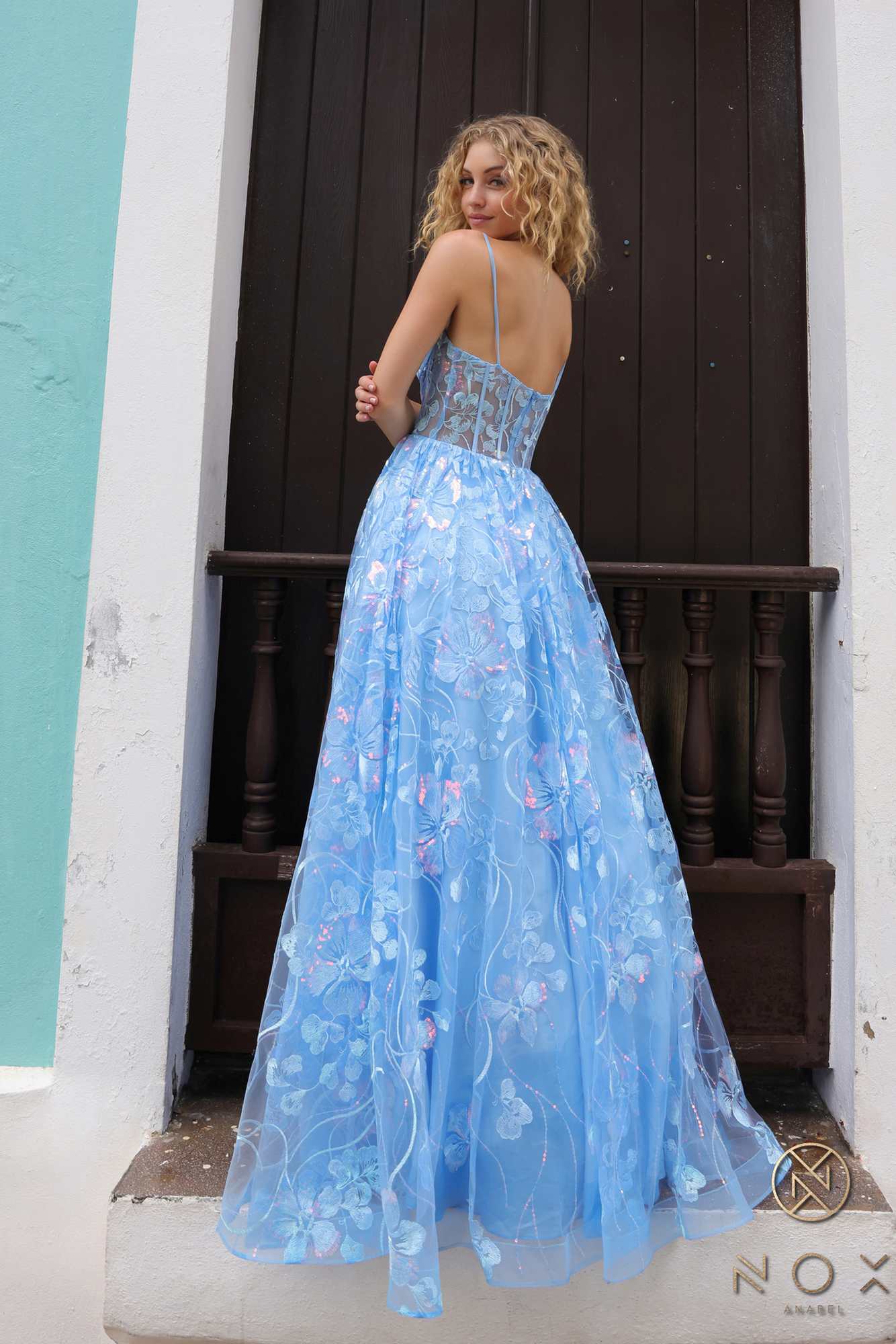 Dusty blue spaghetti-strap sequin floral A-line dress with fitted corset bodice