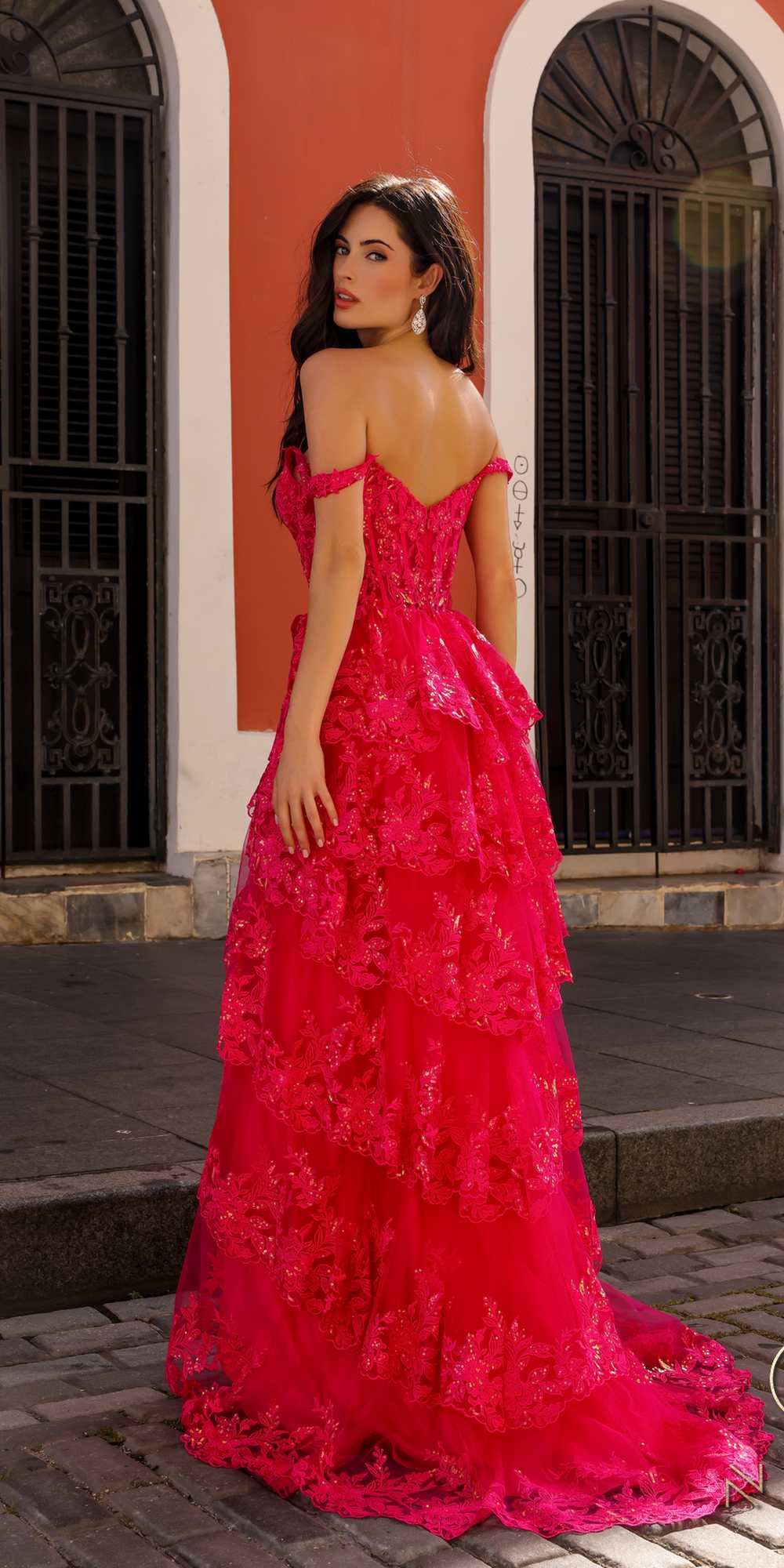 Fuchsia lace tiered A-line dress with thin straps and front slit