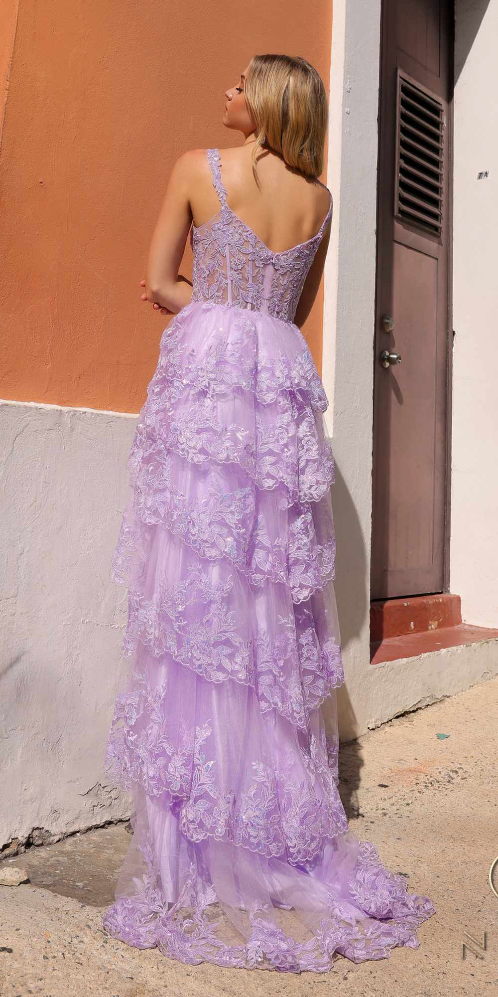Lilac lace tiered A-line dress with open back and layered ruffles