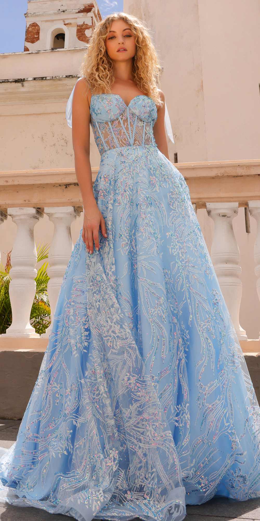 Long A-line glitter sequin corset ball gown in light blue with sweetheart neckline