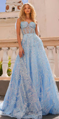 Long A-line glitter sequin corset ball gown in light blue with sweetheart neckline