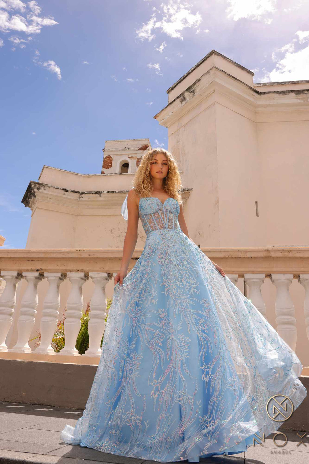Light blue long A-line glitter sequin corset ball gown with lace-like appliqué