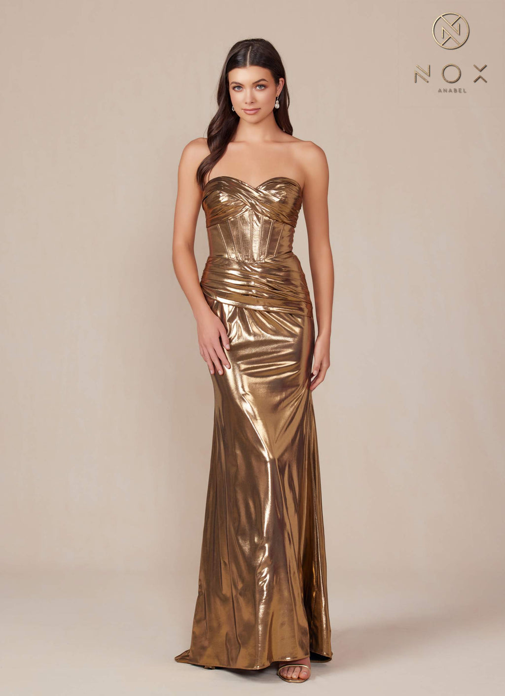 Gold strapless metallic satin fitted gown with ruched corset-style bodice