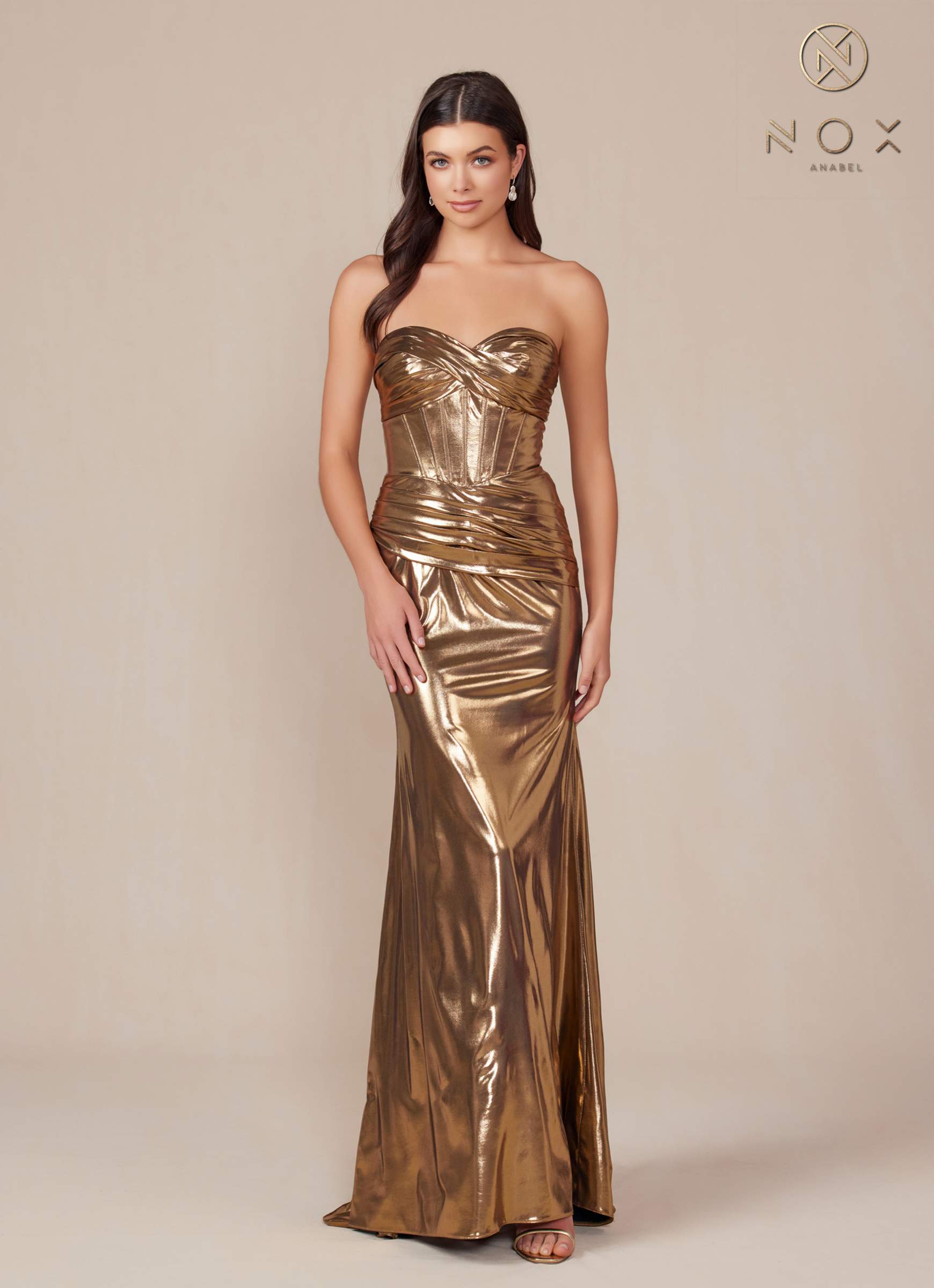 Gold strapless metallic satin fitted gown with ruched corset-style bodice