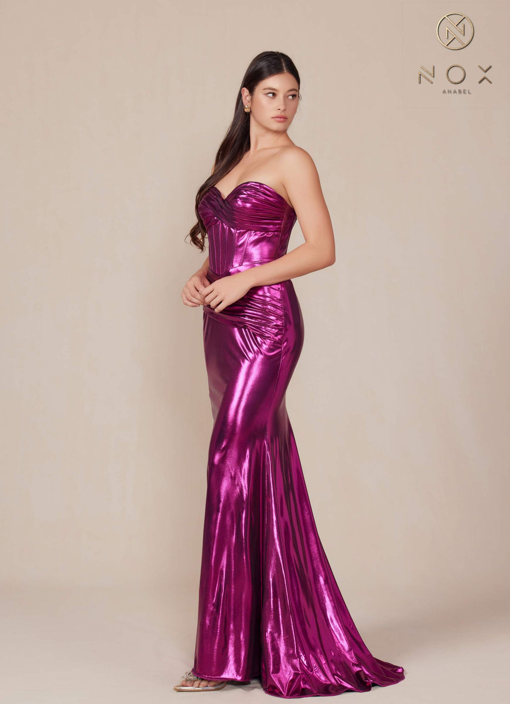 Magenta strapless metallic satin fitted gown with ruched corset-style bodice
