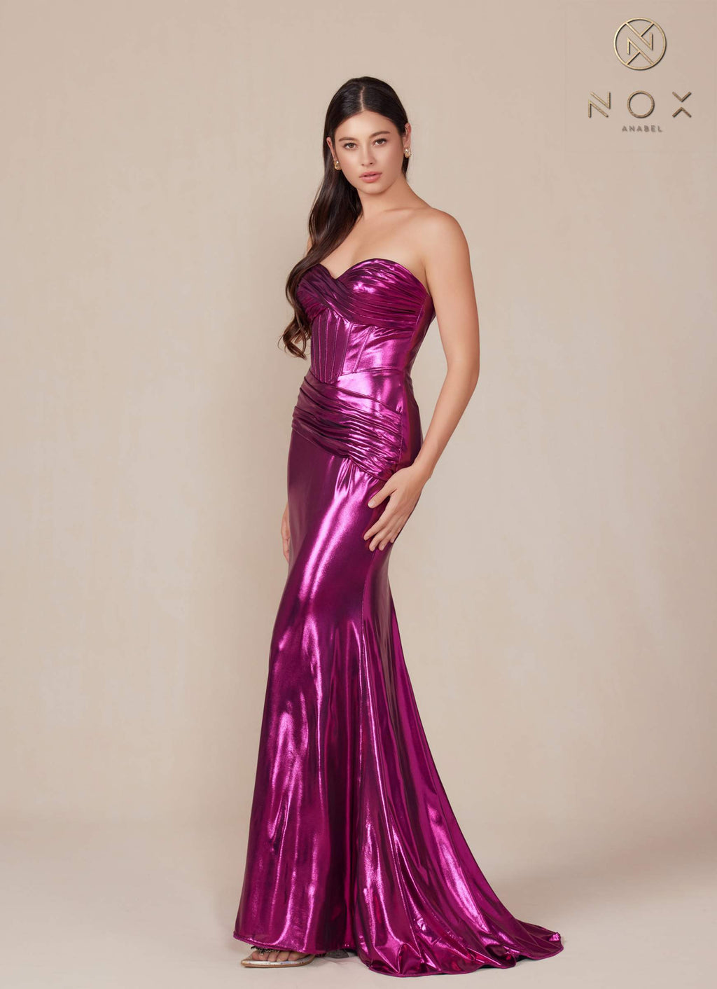 Magenta strapless metallic satin fitted gown with ruched sweetheart bodice and column silhouette