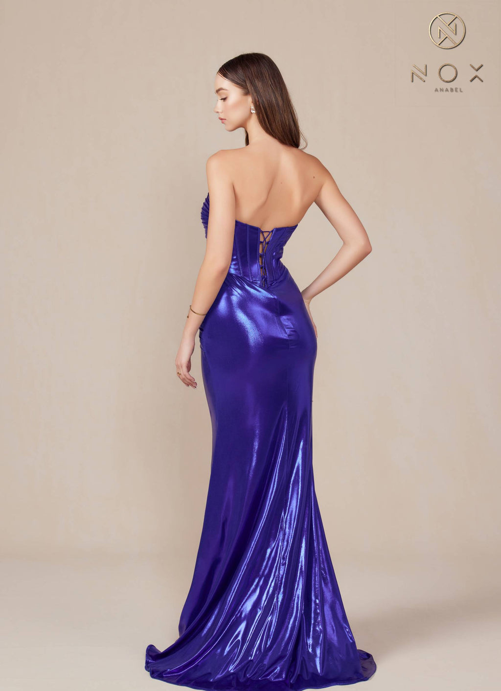 Royal blue metallic satin strapless fitted gown, back view with ruched detail