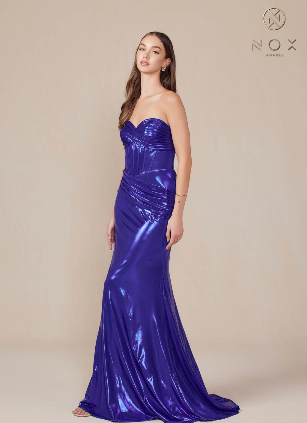 Royal blue strapless metallic satin fitted gown with ruched sweetheart bodice