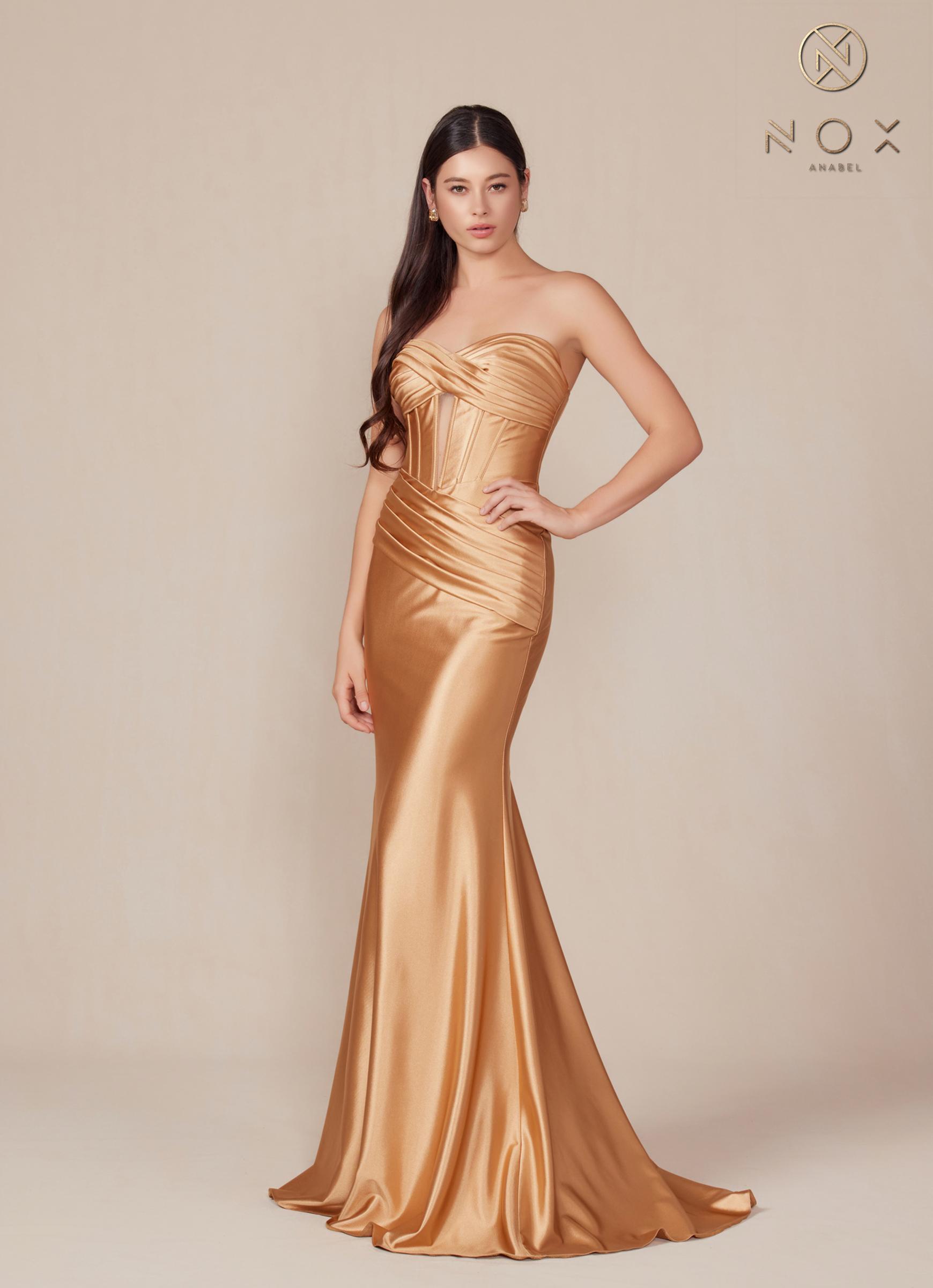 Gold satin strapless floor-length dress with keyhole bodice and fitted mermaid silhouette