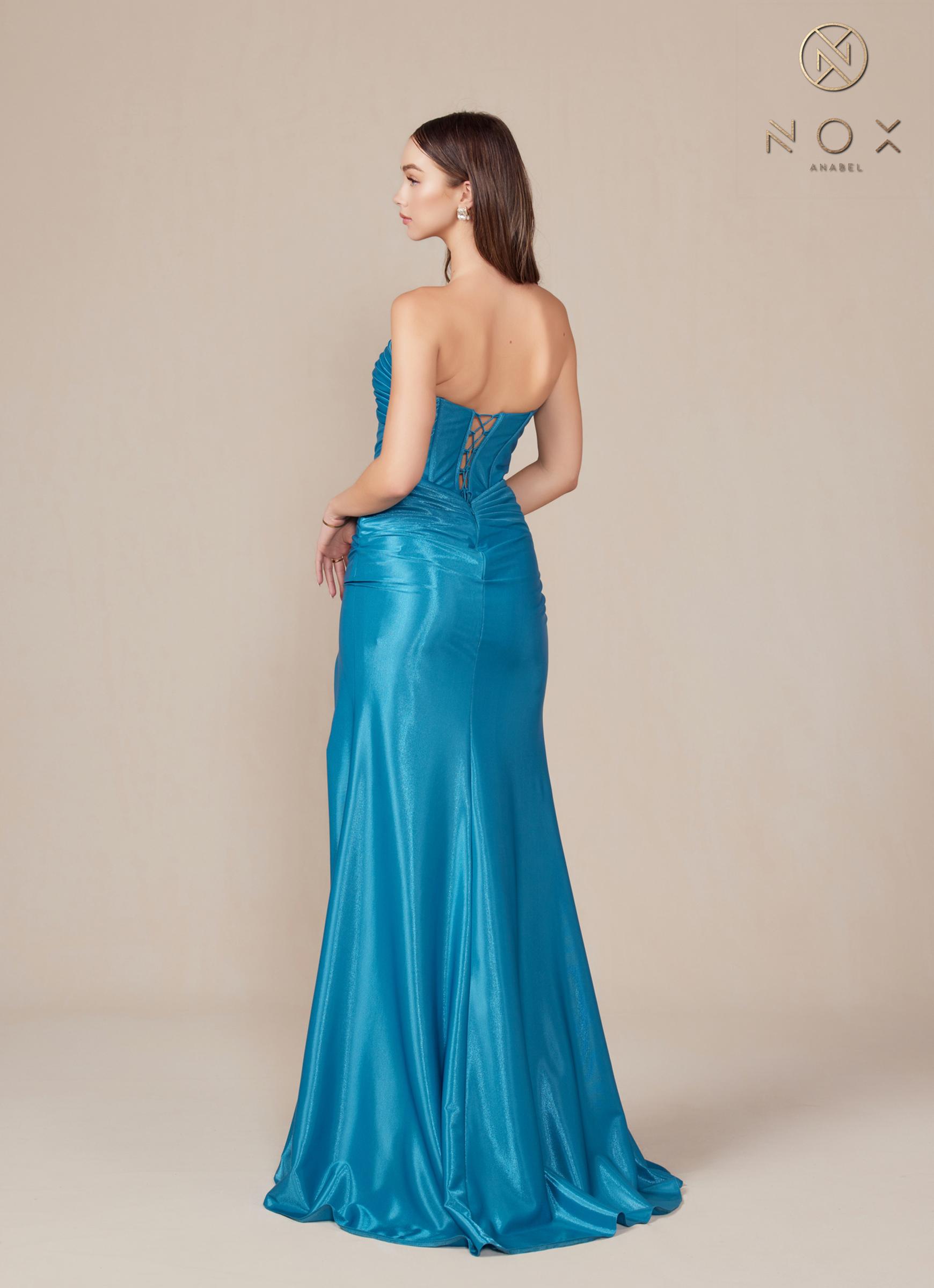 Ocean blue satin strapless floor-length dress, side view with draped ruched bodice