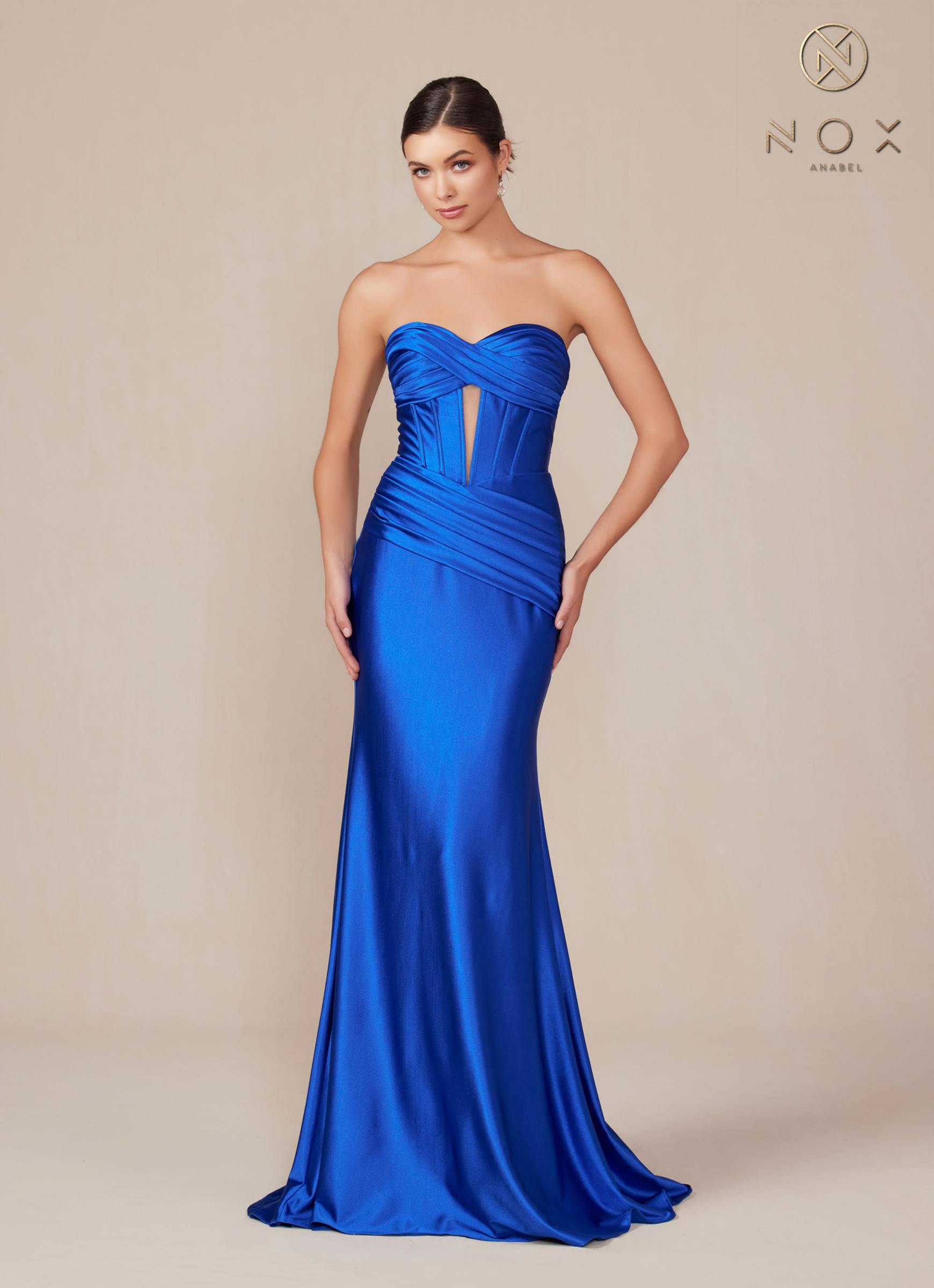 Ocean blue satin strapless floor-length gown with sweetheart neckline and smooth fitted skirt