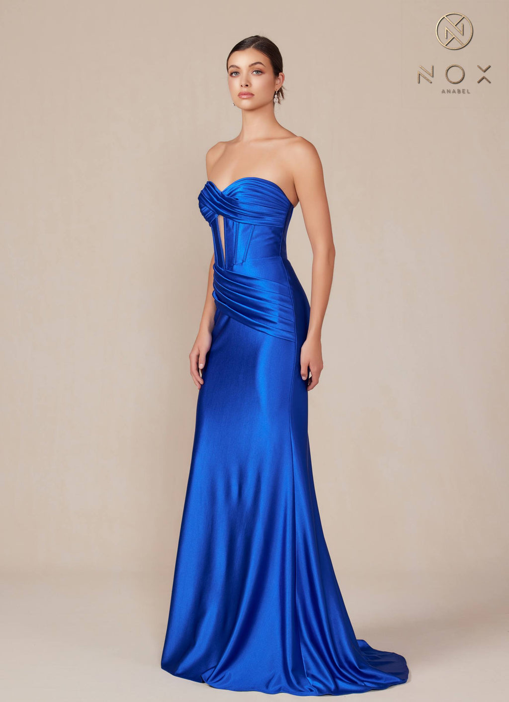 Ocean blue satin strapless floor-length dress with sweetheart neckline and draped waist ruching