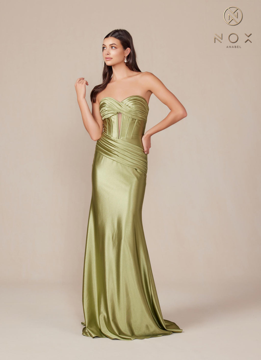 Satin strapless floor-length dress in sage green with keyhole bodice and draped skirt