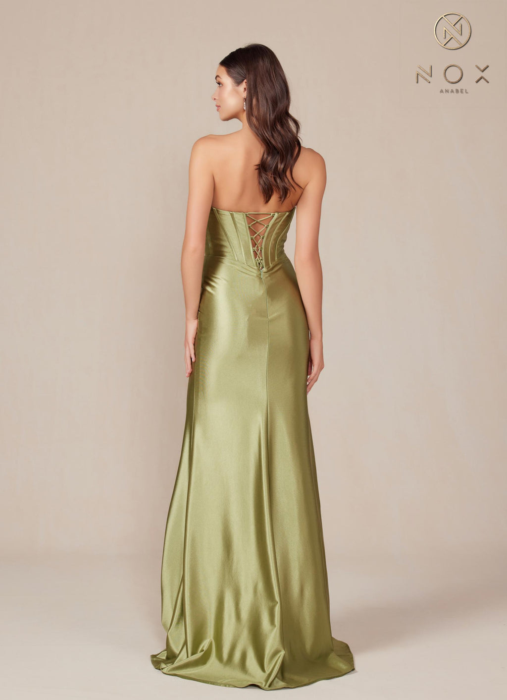 Satin strapless floor-length dress in sage green, back view with ruched bodice
