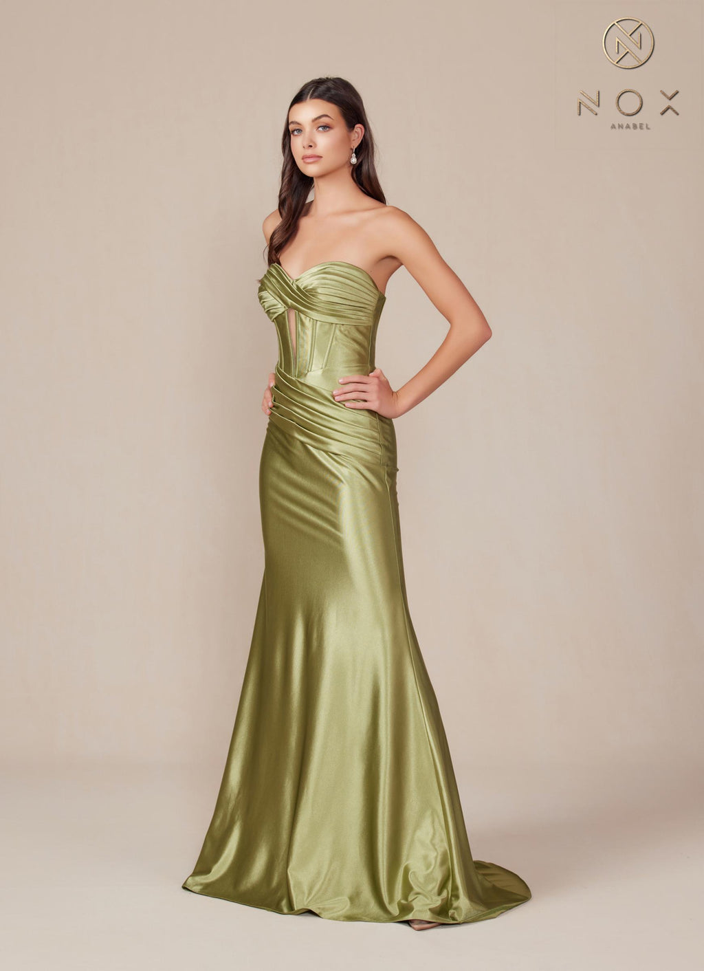Satin strapless floor-length dress in sage green with ruched corset-style bodice and keyhole