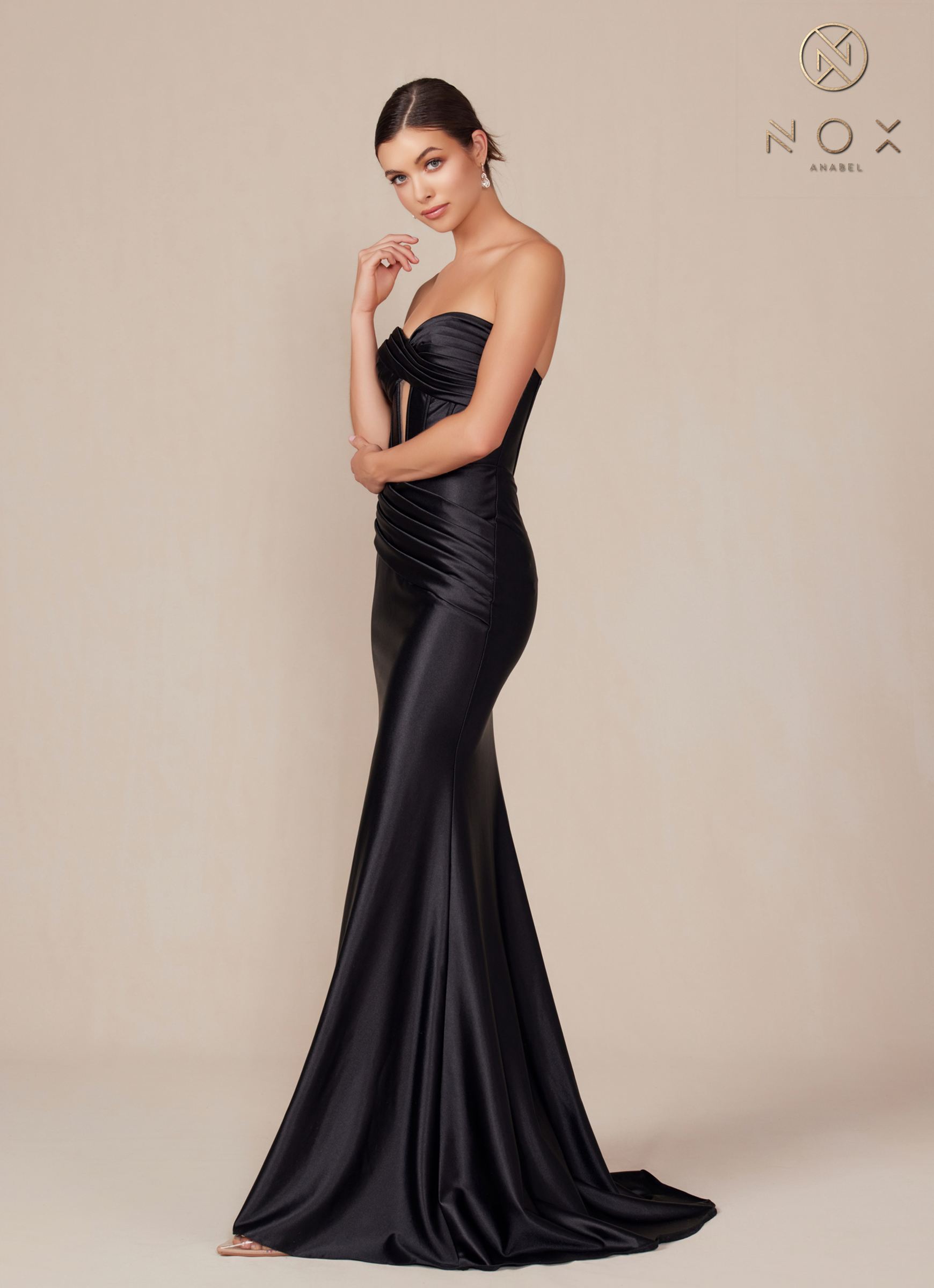 Satin strapless floor-length dress in black with ruched bodice and smooth draped skirt