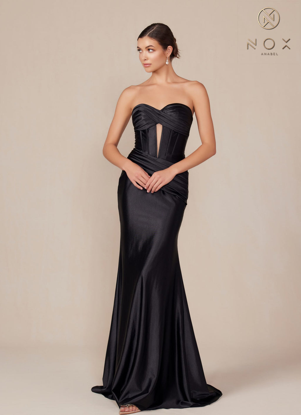 Satin strapless floor-length dress in black with ruched sweetheart bodice and keyhole