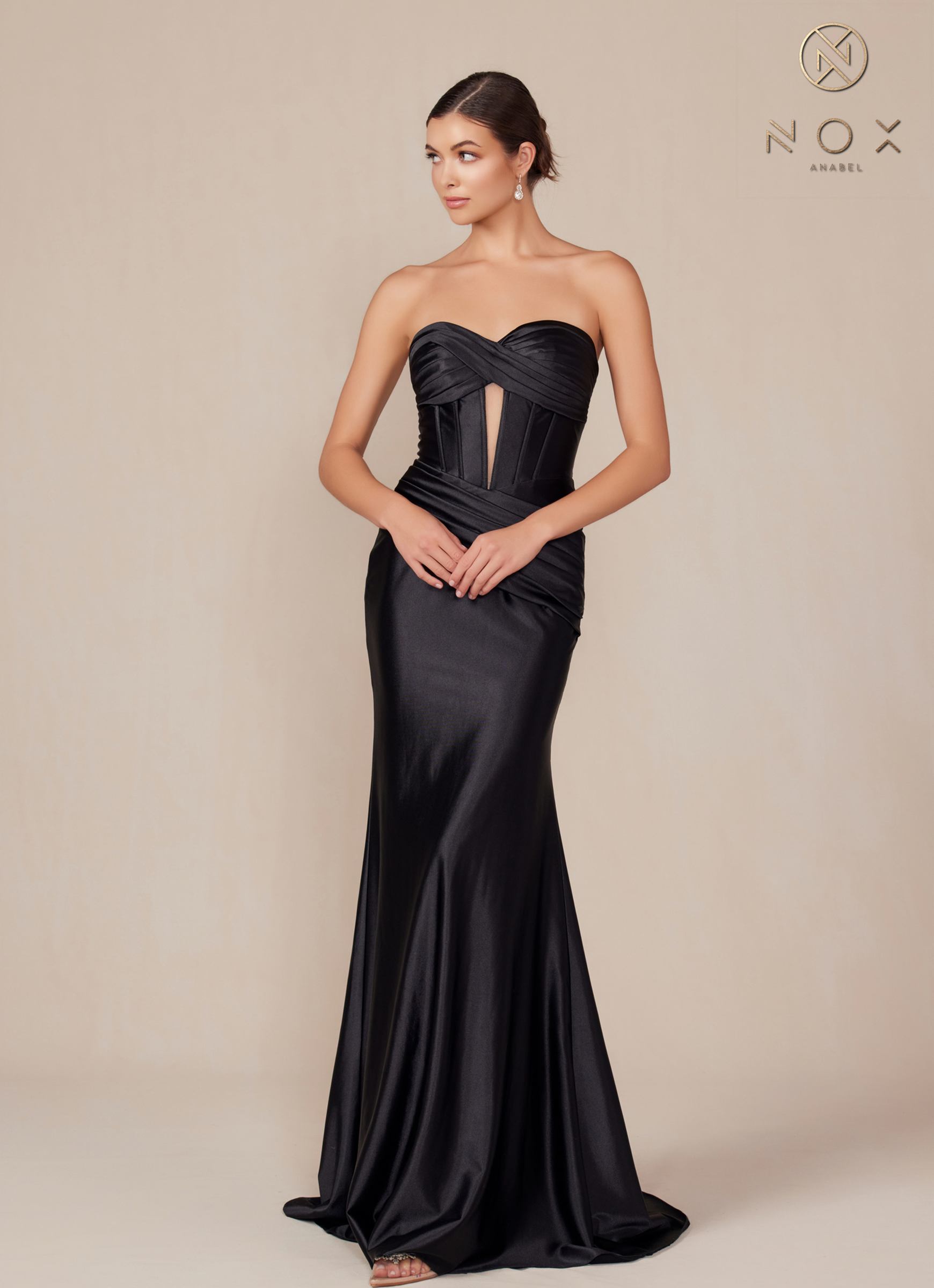 Satin strapless floor-length dress in black with ruched sweetheart bodice and keyhole