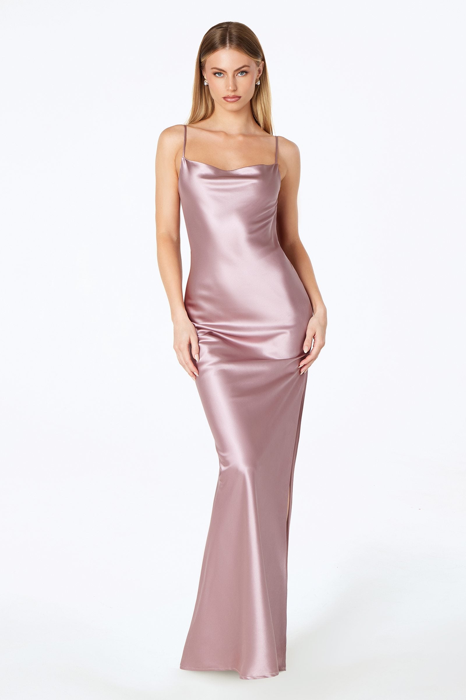 Sleeveless open-back satin gown in mauve, thin straps, long column skirt.