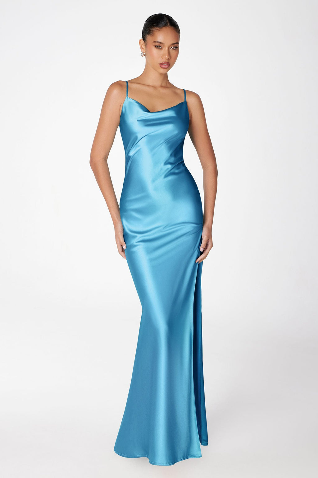 Sleeveless satin gown in light blue with thin straps, square neckline, long column fit.
